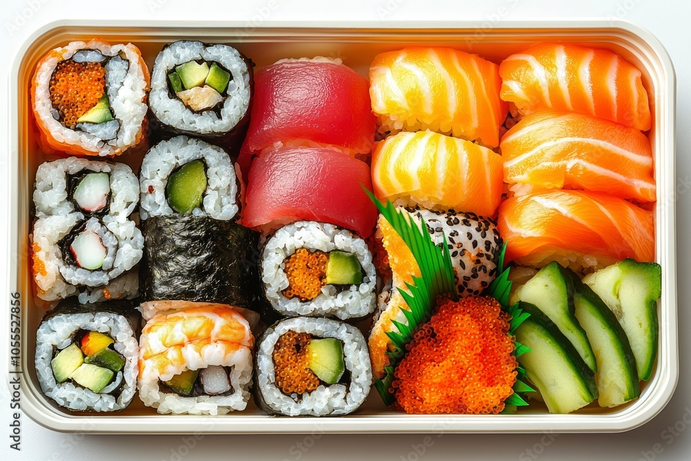A Variety of Sushi Rolls and Nigiri in a Plastic Container A Variety of Sushi Rolls and Nigiri in a Plastic Container