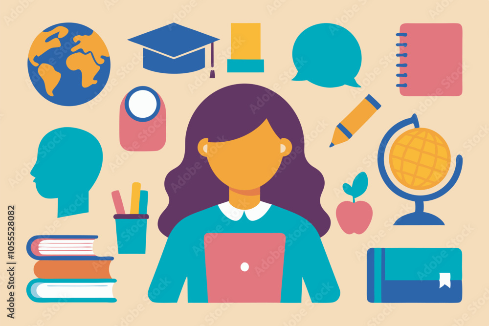 A young woman on a laptop surrounded by educational icons symbolizing learning and growth. The scene radiates positivity and inspiration. A young woman on a laptop surrounded by educational icons symbolizing learning and growth. The scene radiates positivity and inspiration.
