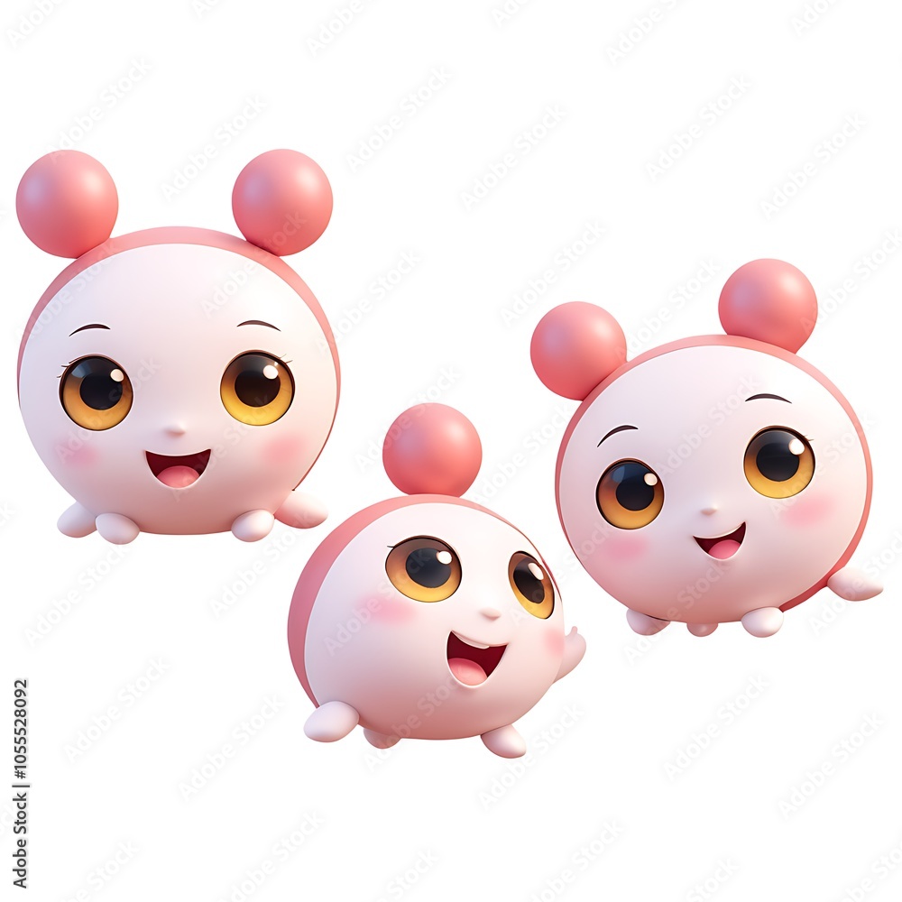 Three adorable cartoon baby characters with pink ears and round bodies, smiling and looking at the camera. Three adorable cartoon baby characters with pink ears and round bodies, smiling and looking at the camera.