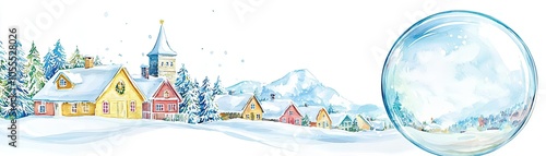 Snow globe of holiday village with snowy cottages, white isolated background, watercolor style