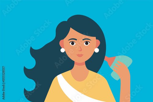Illustration: Young woman in yellow outfit with white sash. Beauty theme implied. Unclear details due to conflicting captions. Background is light blue gradient.