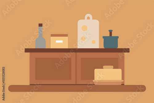 Illustration of a cozy kitchen counter with warm orange background. Brown counter with shelves, various kitchen items in simple, flat style.