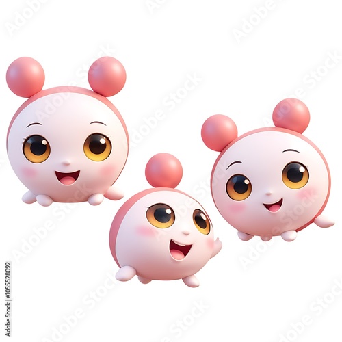 Three adorable cartoon baby characters with pink ears and round bodies, smiling and looking at the camera.