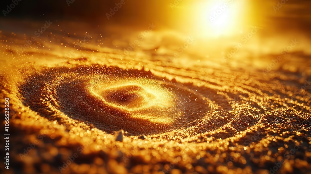 Golden sand texture with swirling patterns, illuminated by warm sunlight. Golden sand texture with swirling patterns, illuminated by warm sunlight.