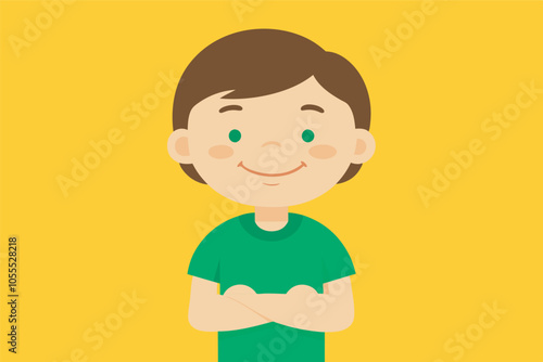 Cartoon boy with brown hair, brown eyes, green T-shirt, and smile stands with crossed arms, red blush on cheeks in cheerful yellow background.