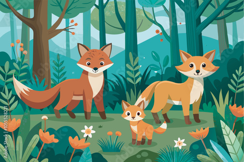 Three foxes in a peaceful forest. Two adults and a baby close together on grass, amid green foliage, wildflowers, and distant mountains, convey a serene, familial vibe.