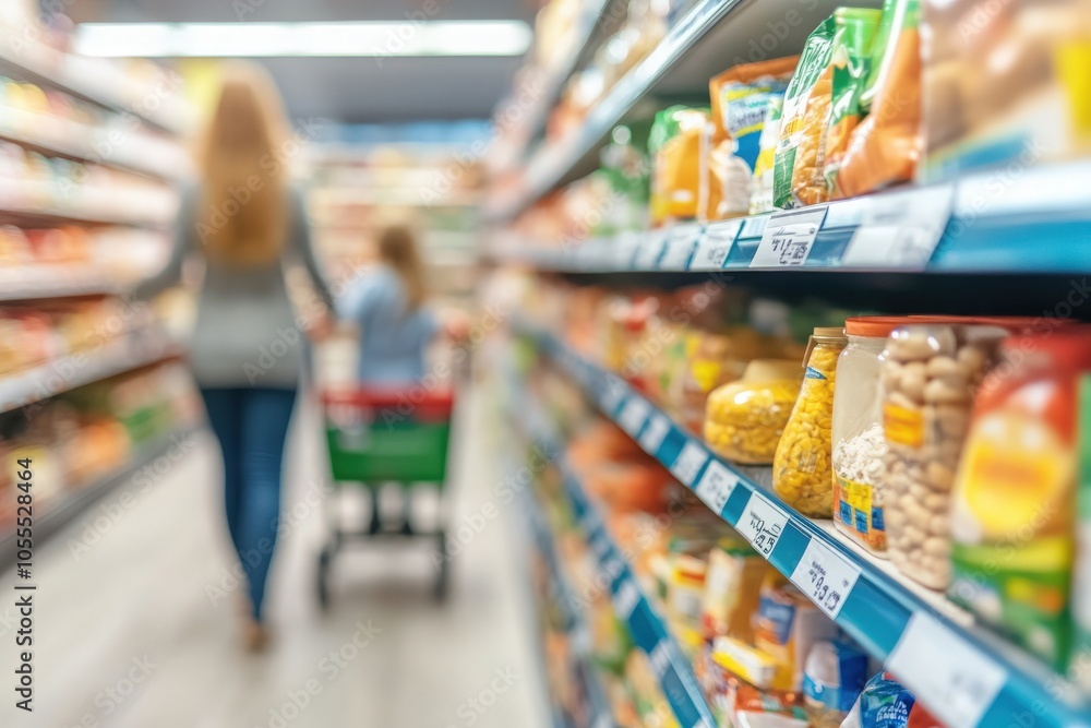 Fototapeta premium A family strolls through a busy grocery store, pushing a cart while browsing colorful aisles filled with food items. The cheerful atmosphere enhances their shopping experience.