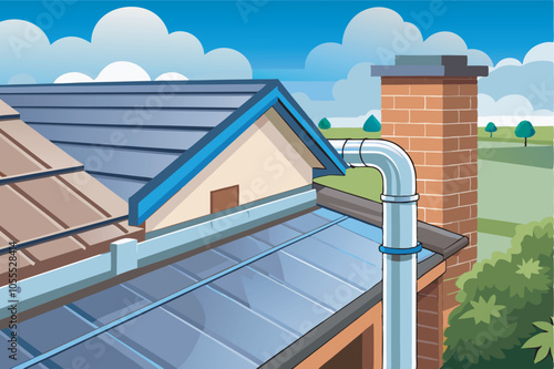 Cartoon-style house roof with solar panels, brick chimney, and silver downspout under a clear blue sky. Greenery adds to the peaceful setting.