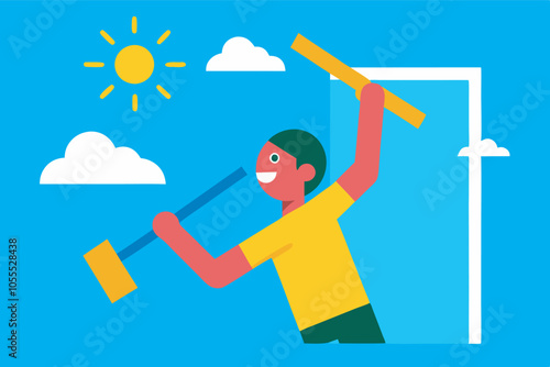 A boy in yellow smiles while cleaning a sunny window. Blue sky, clouds, and shining sun in the scene.