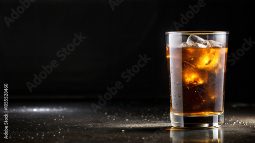 Drink in a glass on a black background, space for copying