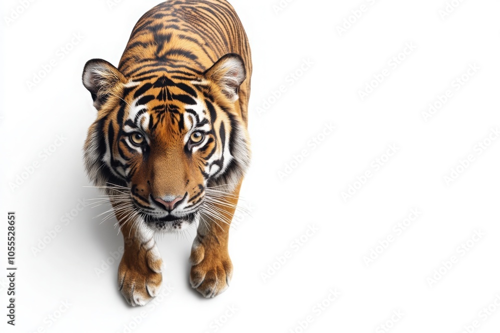 Obraz premium A tiger stands isolated, displaying its vibrant coat and captivating eyes, embodying strength and curiosity. The animals focused expression draws attention in this simplified environment.