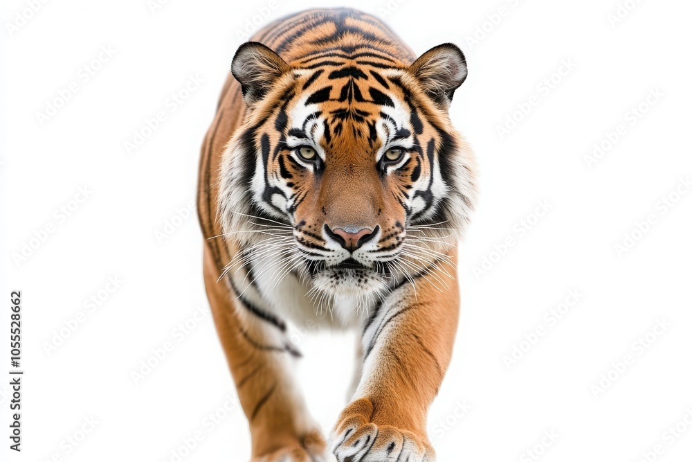 Obraz premium The tiger moves confidently, showcasing its striking orange fur and bold black stripes. Its intense gaze suggests strength and focus, emphasizing the beauty of this iconic wild animal.