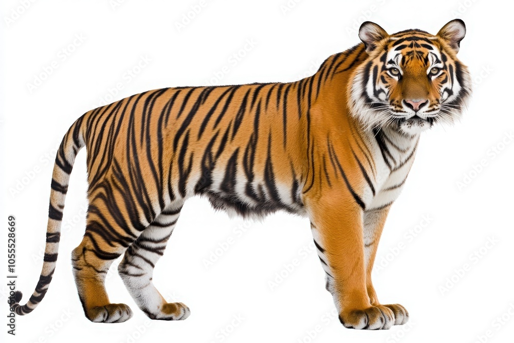 The solitary tiger poses elegantly in the center, highlighting its vibrant orange fur and distinctive black stripes. Its focused gaze reveals strength and grace in this striking moment. The solitary tiger poses elegantly in the center, highlighting its vibrant orange fur and distinctive black stripes. Its focused gaze reveals strength and grace in this striking moment.