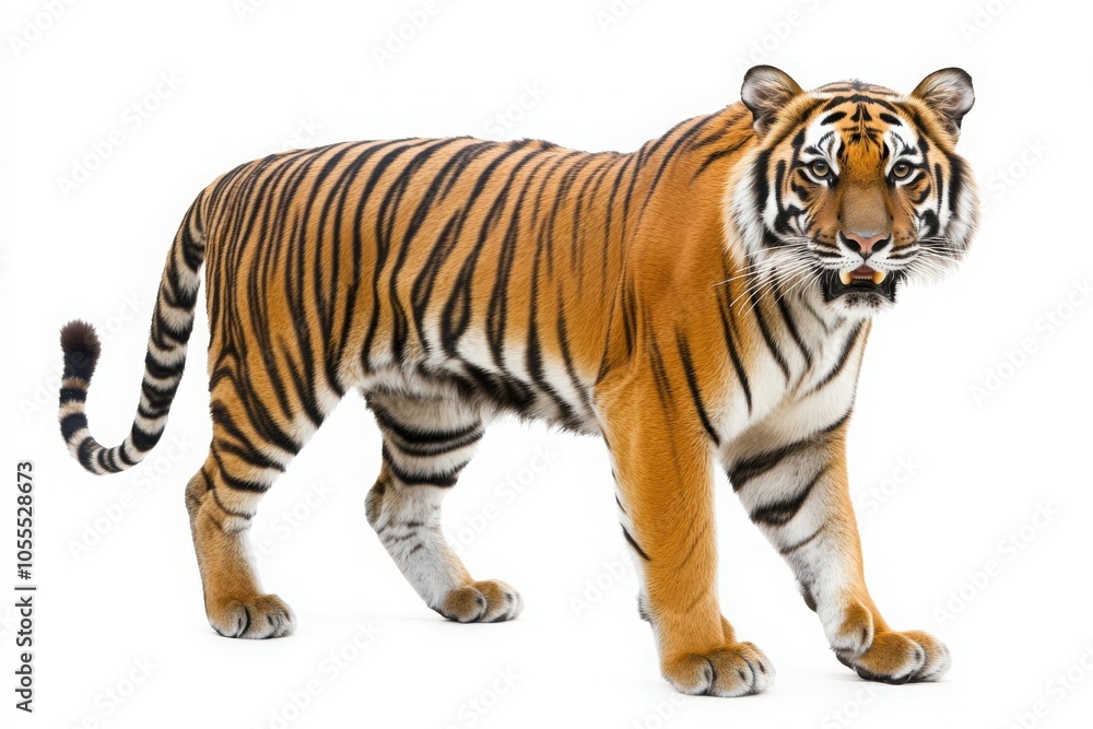 Obraz premium A solitary tiger stands confidently on a white background, showcasing its vibrant orange fur and distinctive black stripes, highlighting its powerful presence and natural grace.