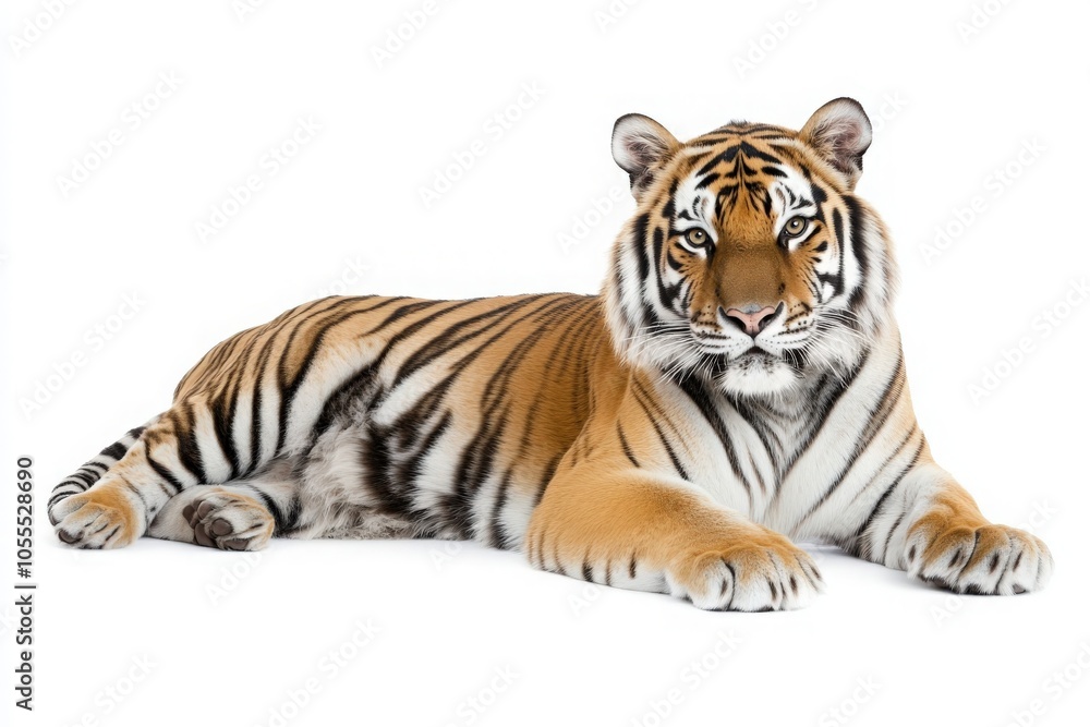 Obraz premium The tiger is positioned in the center, showcasing its striking orange and black stripes. Its calm demeanor highlights the powerful yet tranquil nature of this majestic animal.