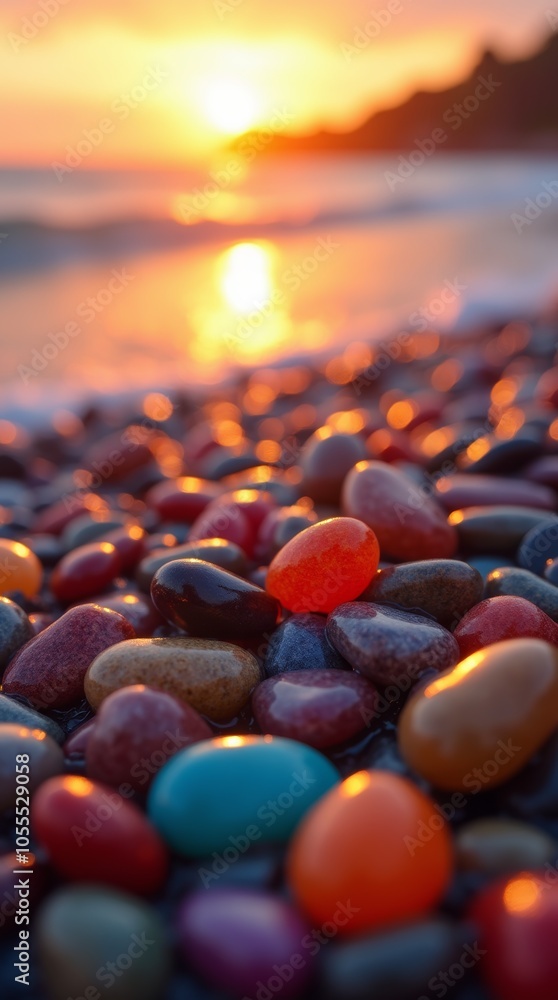 Obraz premium Colorful stones on a beach at sunset.
