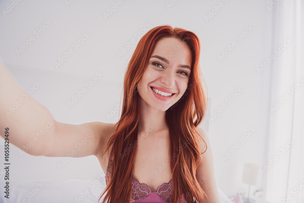 Photo of charming adorable cute lovely girl blogger take selfie video blog day alone cosy home indoors white light interior Photo of charming adorable cute lovely girl blogger take selfie video blog day alone cosy home indoors white light interior