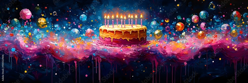 Naklejka premium Vibrant and surreal image of a birthday cake set against a cosmic,galaxy-inspired background with a swirling explosion of colorful lights,drips,and abstract elements.