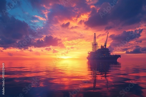 Offshore oil and gas jackup platform, during cargo operations with supply vessel in the sea and beautiful colourful sunset sky. Generative ai photo