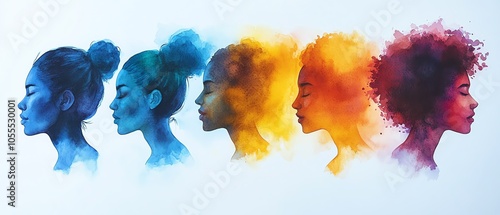 Creative watercolor silhouettes of a diverse community on a white background, embodying the concepts of diversity, equality, and inclusion in an eyecatching design photo