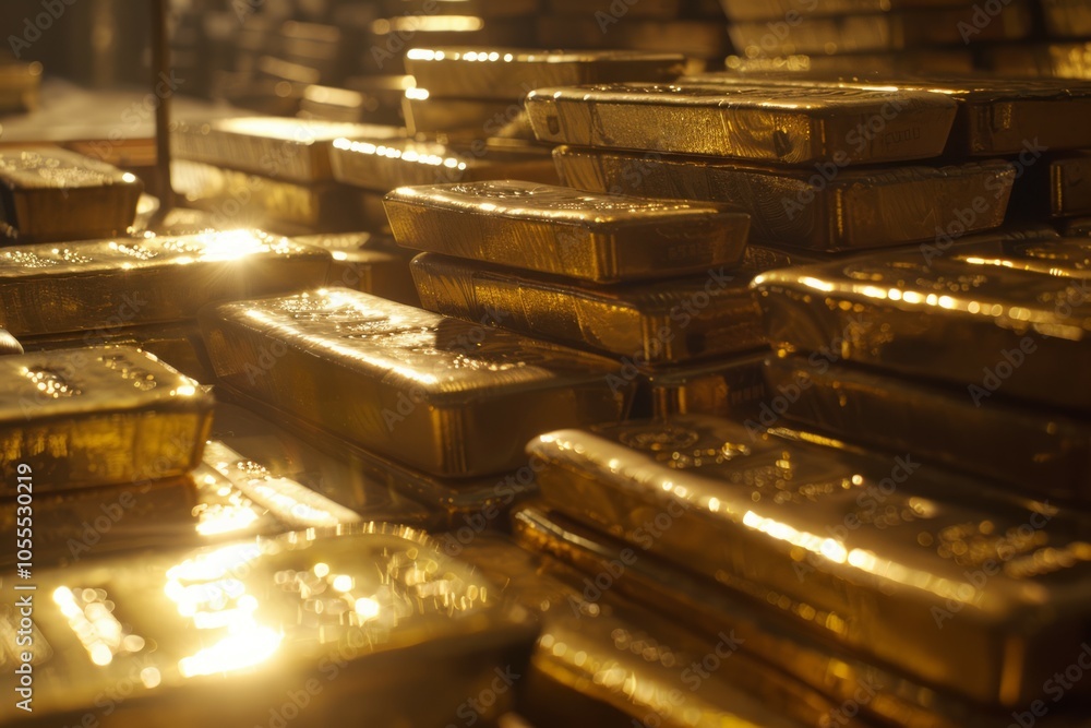 Many shiny natural gold bars in dark bank safe space. Neural network ai generated art Many shiny natural gold bars in dark bank safe space. Neural network ai generated art
