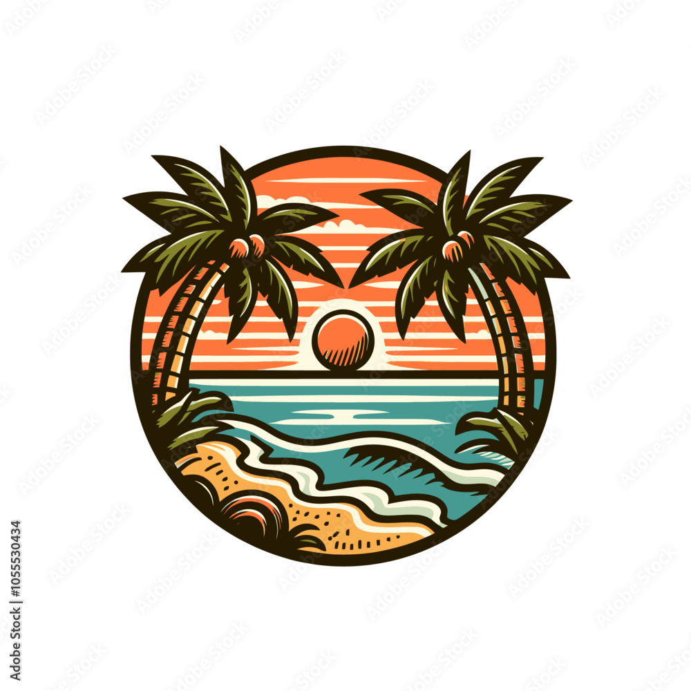 Fototapeta premium Palm beach vacation andvector illustration emblem. Ocean, sunrise, holiday