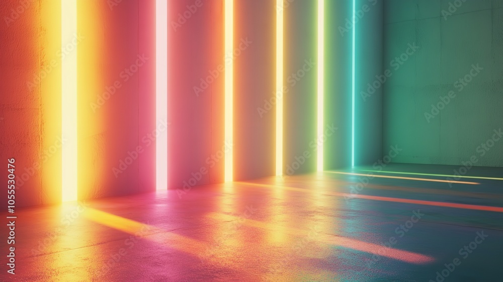 Futuristic room with glowing neon pink and blue light pillars reflecting on the floor Futuristic room with glowing neon pink and blue light pillars reflecting on the floor