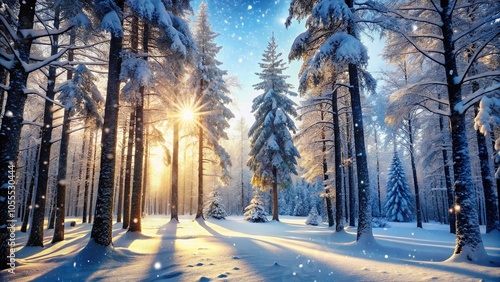 Snow Covered Dense Woodland in Panoramic View - Winter Wonderland Landscape Photography