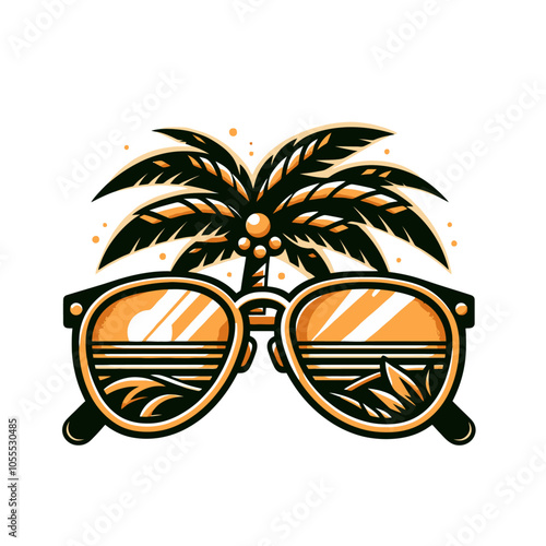 Palm beach vacation and sunglasses vector illustration emblem. Ocean, sunrise, holiday.	