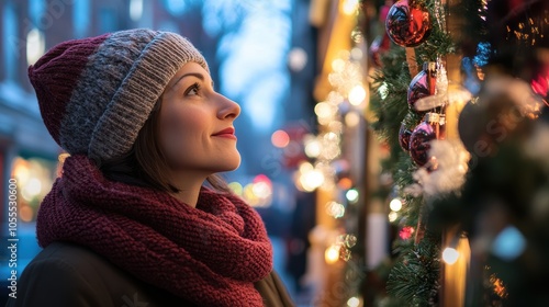 Smiling young Caucasian woman admiring festive decorations in winter evening light.