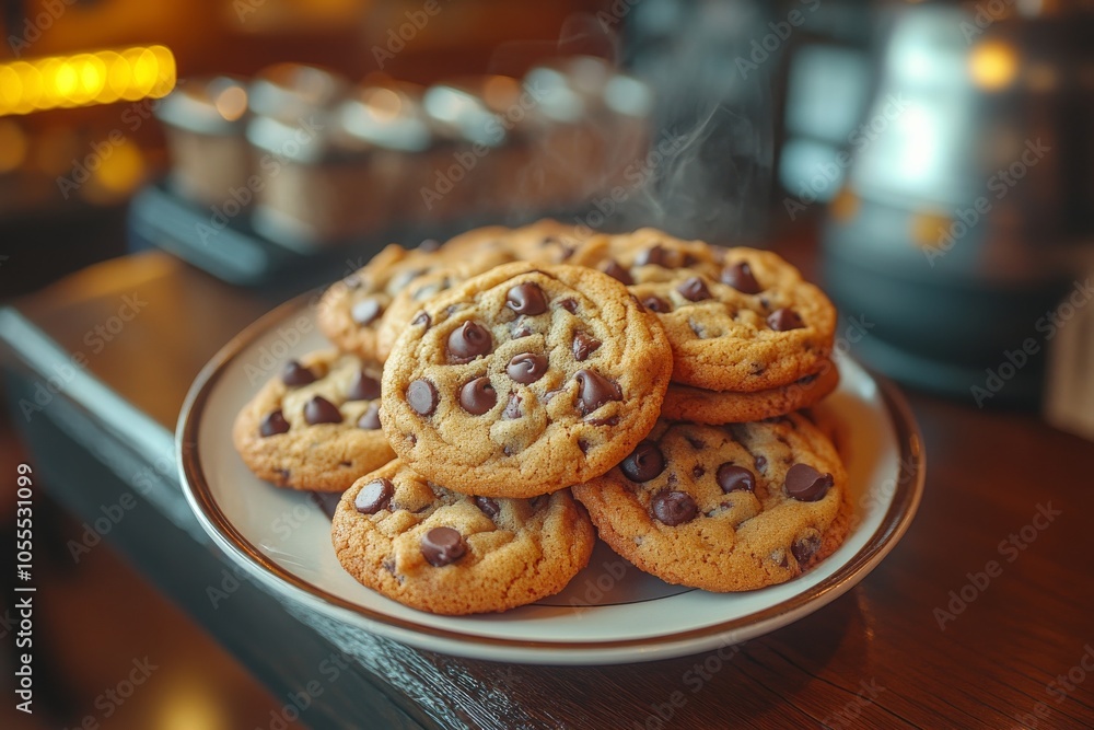 A plate of freshly baked chocolate chip cookies. Generative AI A plate of freshly baked chocolate chip cookies. Generative AI