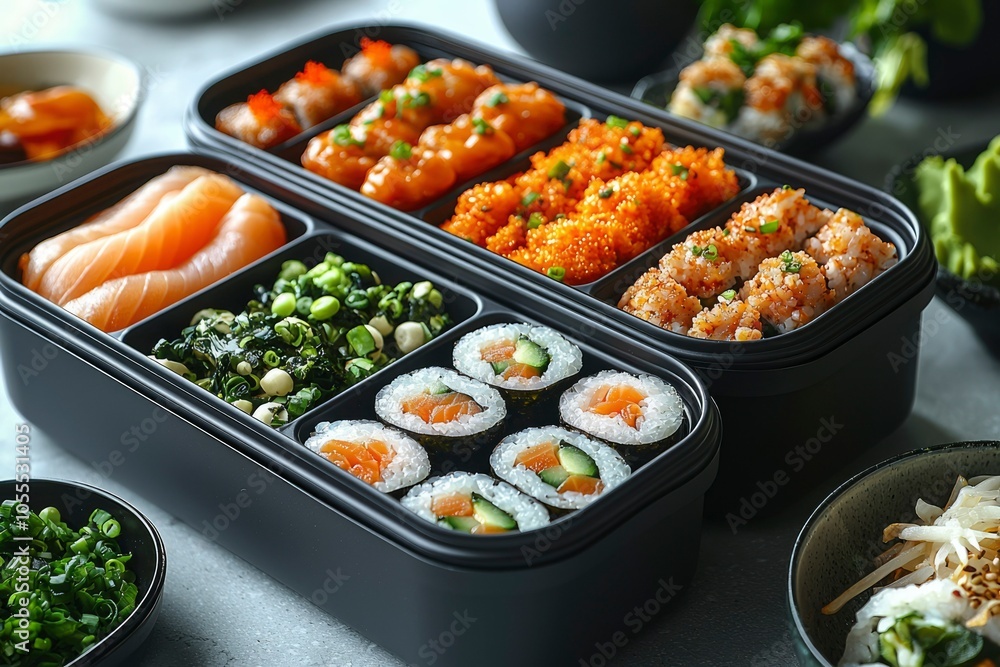 Assorted Sushi and Sides in Black Takeout Containers Assorted Sushi and Sides in Black Takeout Containers
