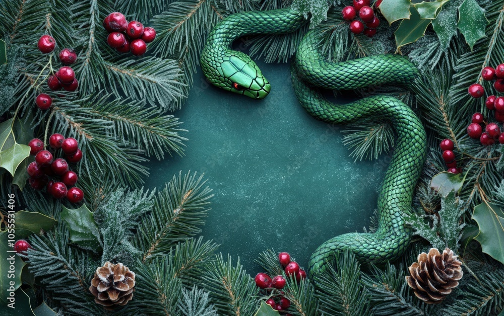 Elegant Snake and Fir Branches: A green snake entwined with frosty fir branches and berries, creating a festive frame around an open space for a holiday message Elegant Snake and Fir Branches: A green snake entwined with frosty fir branches and berries, creating a festive frame around an open space for a holiday message