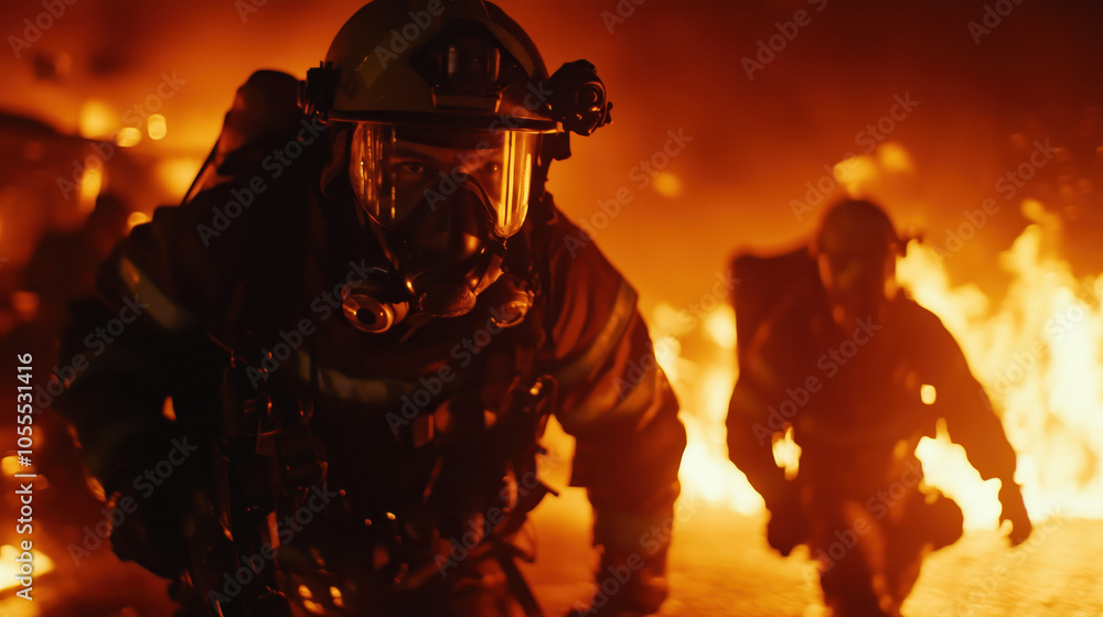 Firefighters Battling Intense Blaze in Protective Gear. Firefighters Battling Intense Blaze in Protective Gear.
