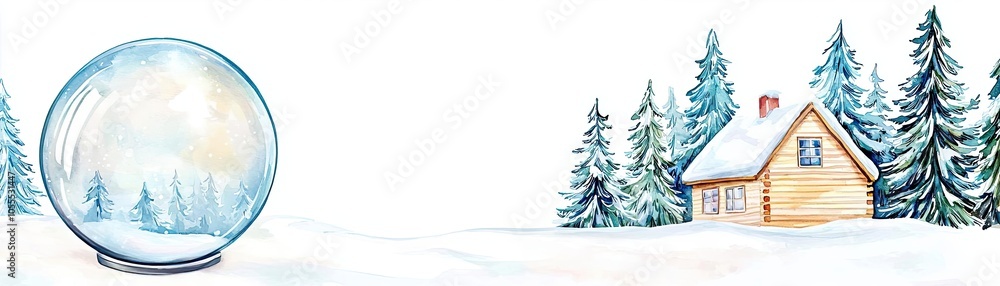 Winter cabin snow globe, snowy pine trees, white background, cozy ambiance, watercolor style Winter cabin snow globe, snowy pine trees, white background, cozy ambiance, watercolor style