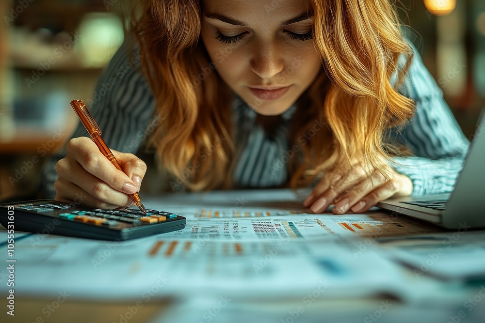 Fototapeta premium A professional accountant reviewing detailed financial documents for a tax audit. Generative AI
