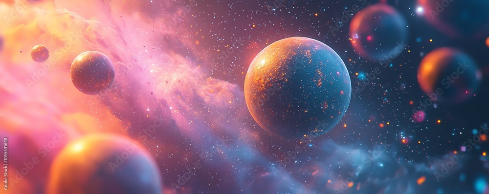Abstract universe with floating planets, dazzling stars, and cosmic dust in a vibrant cartoon aesthetic, perfect for a colorful wallpaper Abstract universe with floating planets, dazzling stars, and cosmic dust in a vibrant cartoon aesthetic, perfect for a colorful wallpaper
