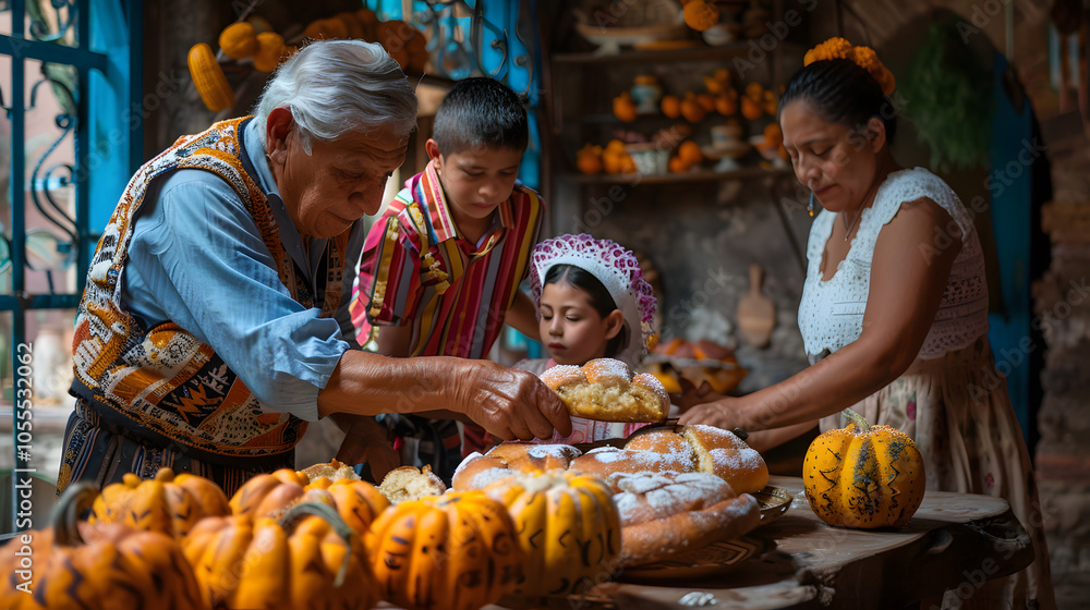 Day Of The Dead, Family sharing Pan de Muerto around a table Day Of The Dead, Family sharing Pan de Muerto around a table
