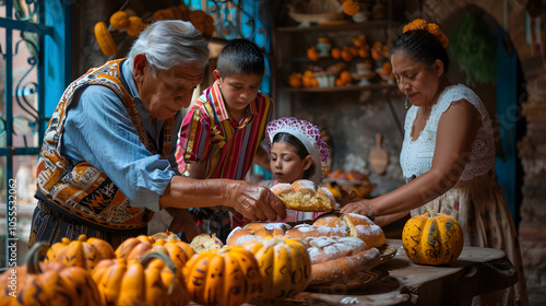 Day Of The Dead, Family sharing Pan de Muerto around a table