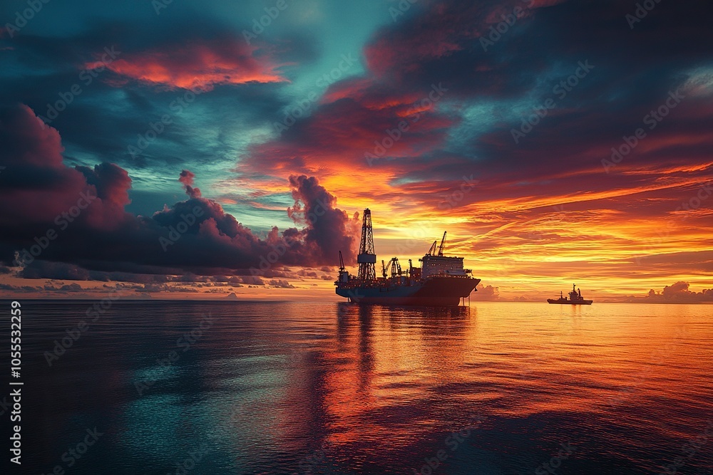 Offshore oil and gas jackup platform, during cargo operations with supply vessel in the sea and beautiful colourful sunset sky. Generative ai Offshore oil and gas jackup platform, during cargo operations with supply vessel in the sea and beautiful colourful sunset sky. Generative ai