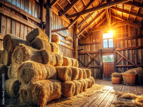 Wallpaper Mural Rustic barn interior featuring neatly stacked hay bales, showcasing vintage charm and agricultural heritage, ideal for home decor and rustic themes. Embrace the essence of farm life. Torontodigital.ca