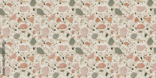 A terrazzo surface with blush pink, sage green, and cream-colored fragments on a white background, with delicate, pearly highlights that lend a sophisticated, opalescent finish