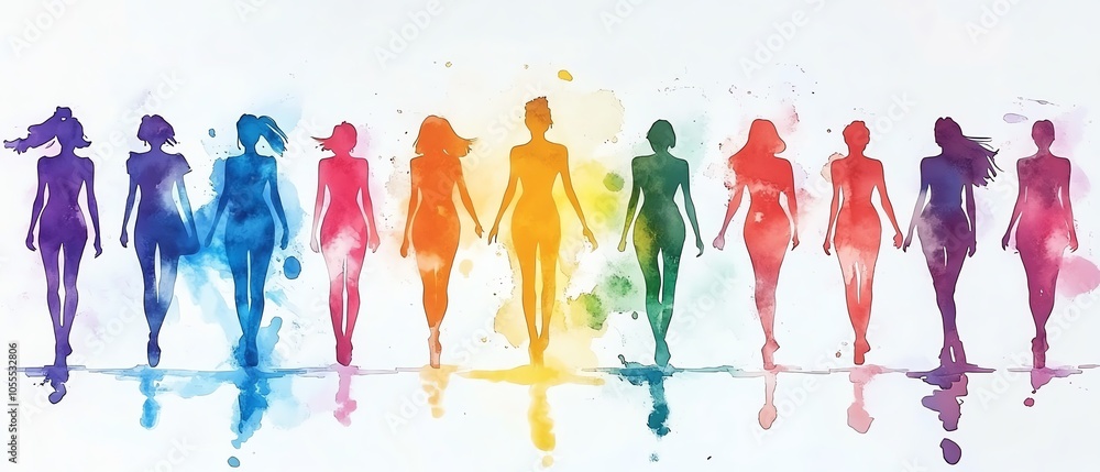 Diverse group of people as colorful silhouettes in watercolor style, standing together on a white background, symbolizing equality and community Diverse group of people as colorful silhouettes in watercolor style, standing together on a white background, symbolizing equality and community