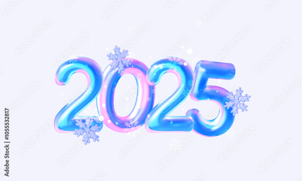 3D Happy New Year 2025 design in holographic style. Horizontal vector banner template for New Year greetings. 3D Happy New Year 2025 design in holographic style. Horizontal vector banner template for New Year greetings.