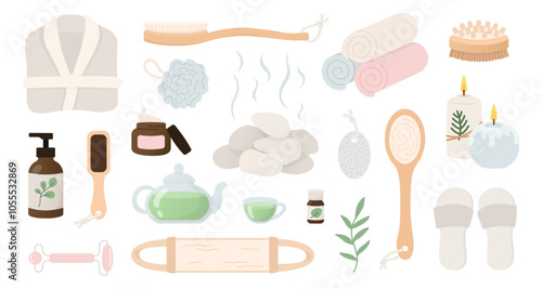 Spa, bath, sauna elements set in cartoon flat style. Massage and beauty salon icons.