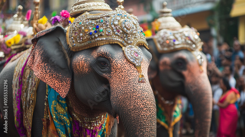 Kandy Esala Perahera, a grand parade with elephants adorned with jewels and colorful cloths carrying holy relics amidst crowds of spectators, Ai generated images photo