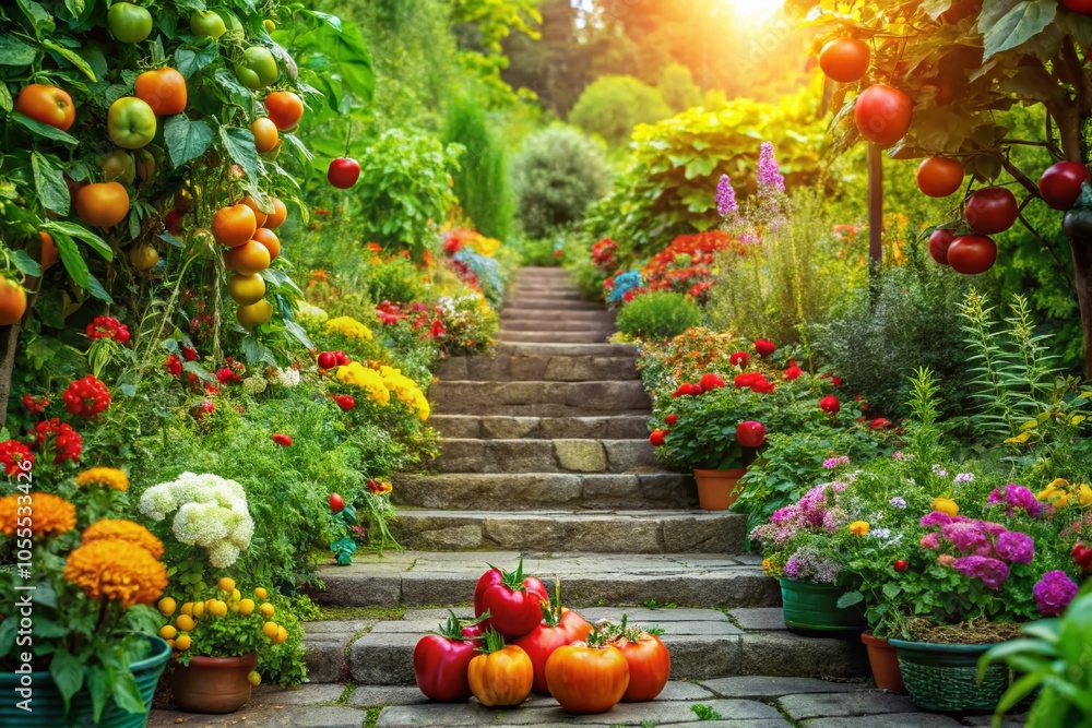 Stepped Pathway Leading to Lush Covered Fruit and Vegetable Garden - Vibrant Produce Photography Stepped Pathway Leading to Lush Covered Fruit and Vegetable Garden - Vibrant Produce Photography