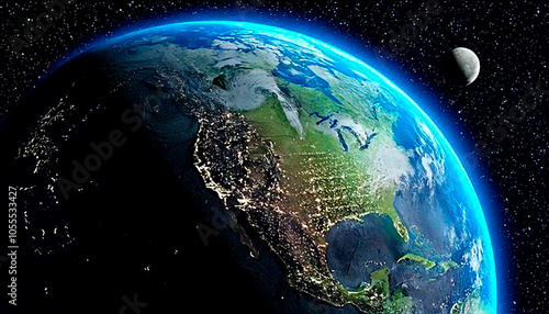空の上から現実の地球を見ていて背景に月などの様々な星が浮いている