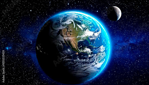 空の上から現実の地球を見ていて背景に月などの様々な星が浮いている