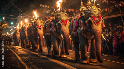 Kandy Esala Perahera, richly decorated elephants walk gracefully on the streets, lit by traditional torches, Ai generated images